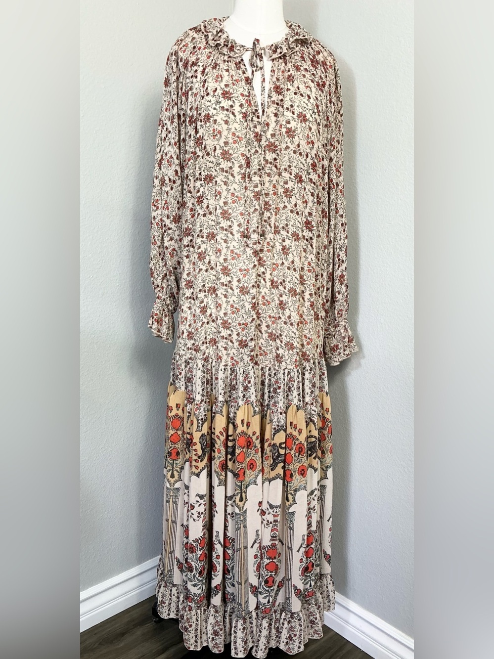 Free People Boho Floral Maxi Dress Ruffle Tie Neck Long Sleeve Size S